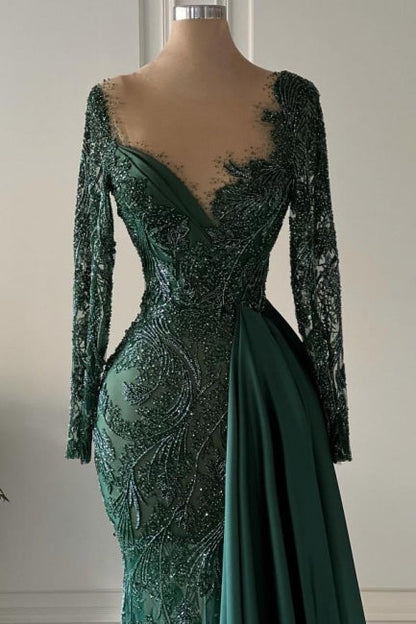 Vestidos de fiesta largos de sirena con escote en V y encaje verde oscuro de diseñador con mangas largas