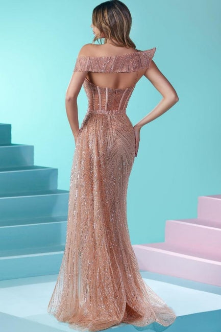 Vestido de fiesta largo de sirena con tirantes finos, cuentas y lentejuelas, con abertura y diseño de diseñador