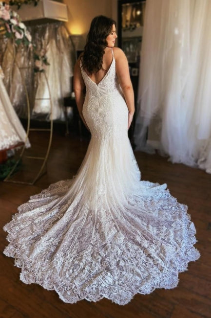 Vestidos de novia de diseño con escote sirena largo y tirantes finos, con cremallera y encaje