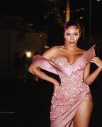 Vestido de fiesta largo de sirena rosa de diseñador, sexy, sin mangas, con cuentas y abertura