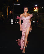 Vestido de fiesta largo de sirena rosa de diseñador, sexy, sin mangas, con cuentas y abertura