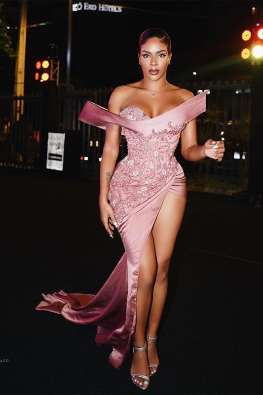 Designer Langes Rosa Meerjungfrau Sexy Perlenbesetztes Ärmelloses Ballkleid Mit Schlitz