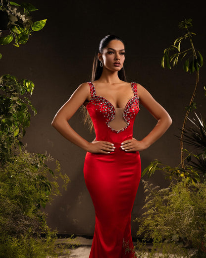 Designer Meerjungfrau Satin Off-The-Shoulder Ärmelloses Rotes Ballkleid mit Strass