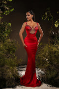 Vestido de fiesta rojo sin mangas con hombros descubiertos, de satén y sirena de diseñador con diamantes de imitación