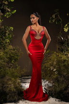 Vestido de fiesta rojo sin mangas con hombros descubiertos, de satén y sirena de diseñador con diamantes de imitación