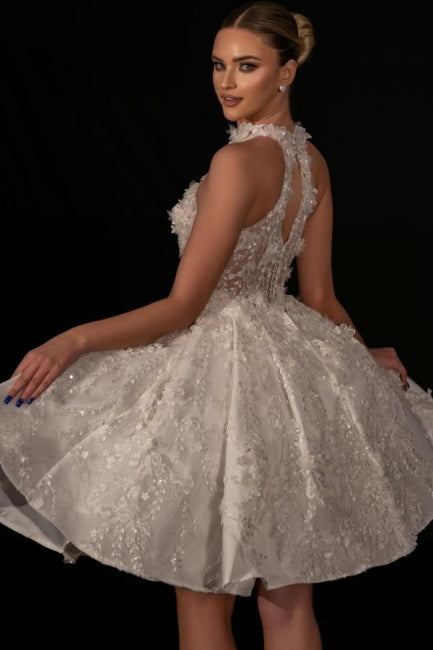 Vestido de novia corto de diseñador, corte A, encaje, cuentas, lentejuelas, sin mangas