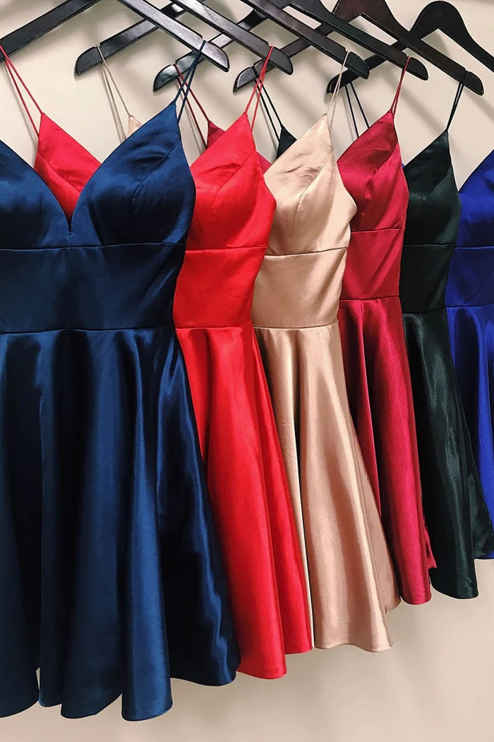 Vestidos de fiesta de diseñador de corte A, cortos, con tirantes finos, sin mangas, volantes, satén y espalda abierta