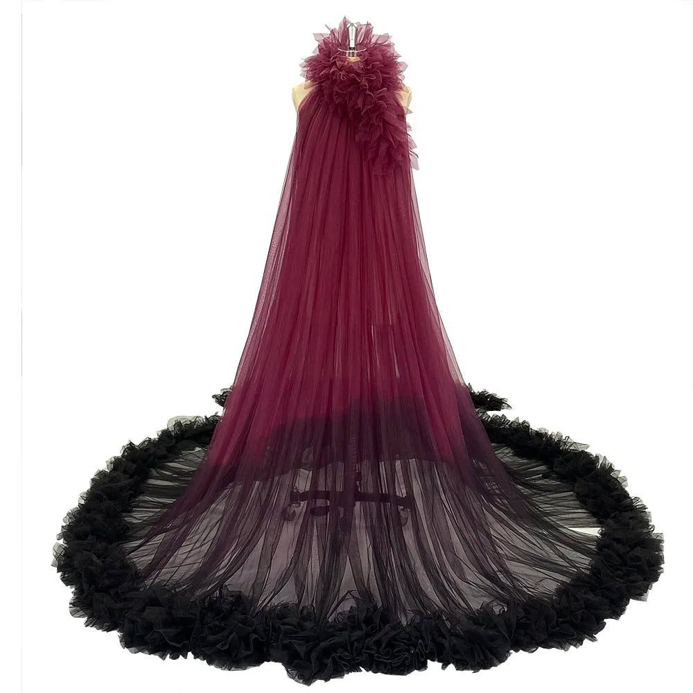 Vestido de maternidad de tul con volantes y cuello desmontable, cola larga, para sesión de fotos, vestido playero fluido, Sunnderly SY231056 