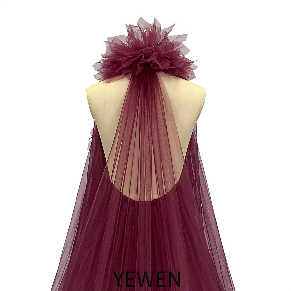 Vestido de maternidad de tul con volantes y cuello desmontable, cola larga, para sesión de fotos, vestido playero fluido, Sunnderly SY231056 