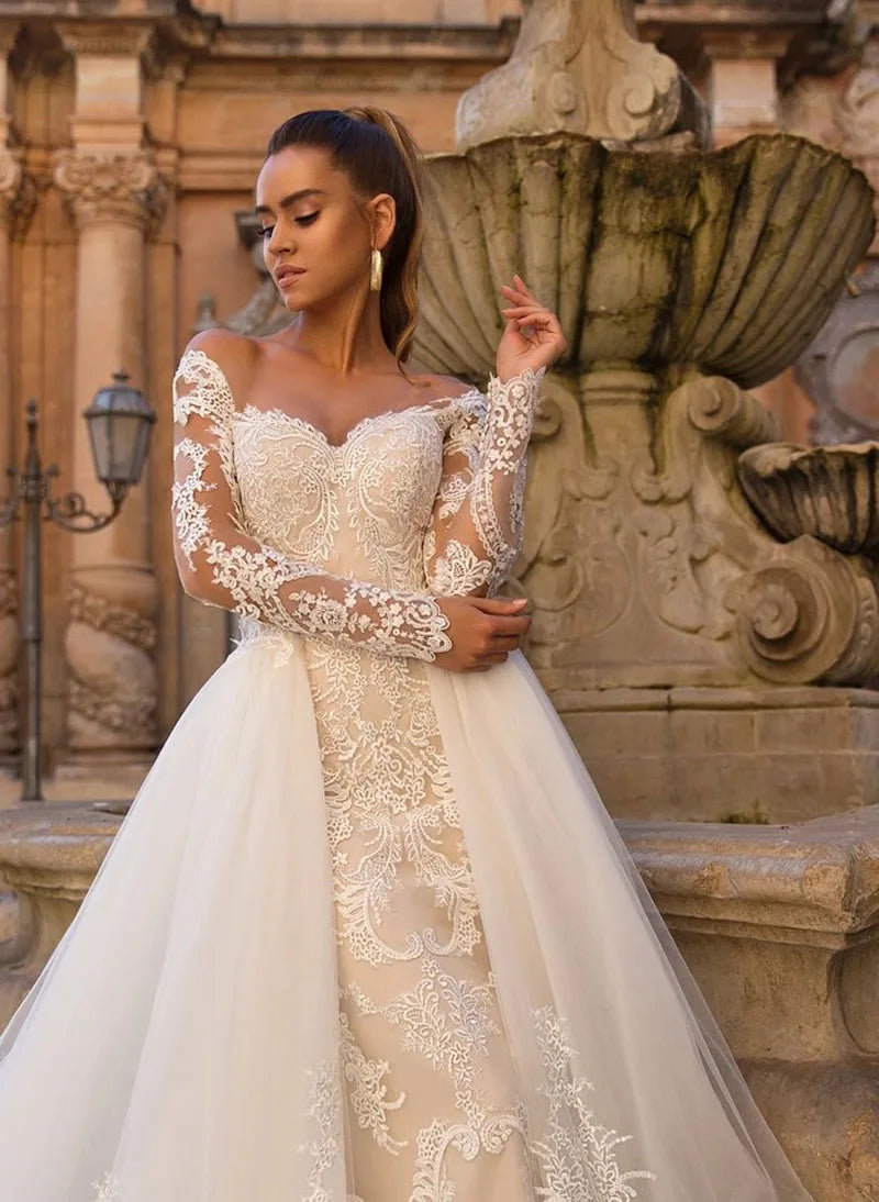 Detachable Train Mermaid Long Sleeves Wedding Dresses Lace Robe De Mariée Vestido De Noiva-payinti