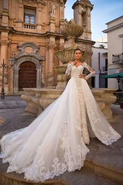 Detachable Train Mermaid Long Sleeves Wedding Dresses Lace Robe De Mariée Vestido De Noiva-payinti