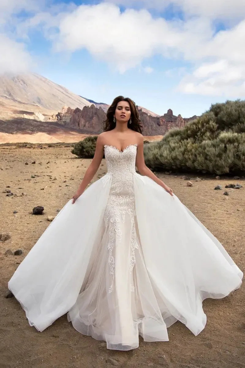 Detachable Train Mermaid Vestidos De Novia Appliques Vestido De Noiva Sweetheart Lace Up Wedding Dresses Lace Robe De Mariée-payinti
