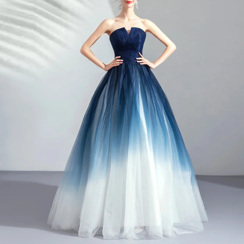 Dream Starry Sky Gradient Blue Wedding Dresses for Women Strapless Elegant Party Dress Summer Back Cross Lace Up Vestidos-payinti