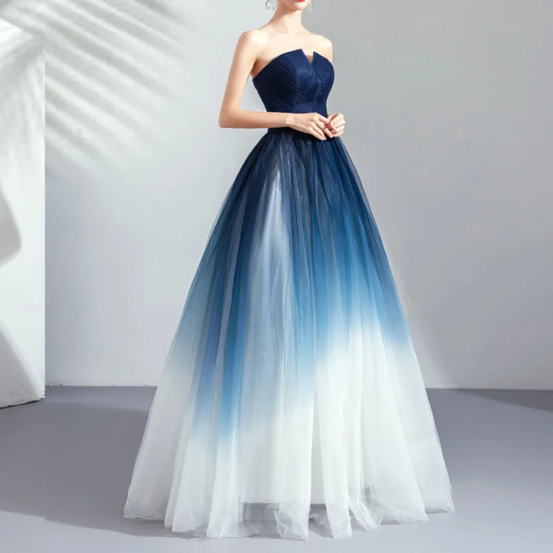 Dream Starry Sky Gradient Blue Wedding Dresses for Women Strapless Elegant Party Dress Summer Back Cross Lace Up Vestidos-payinti