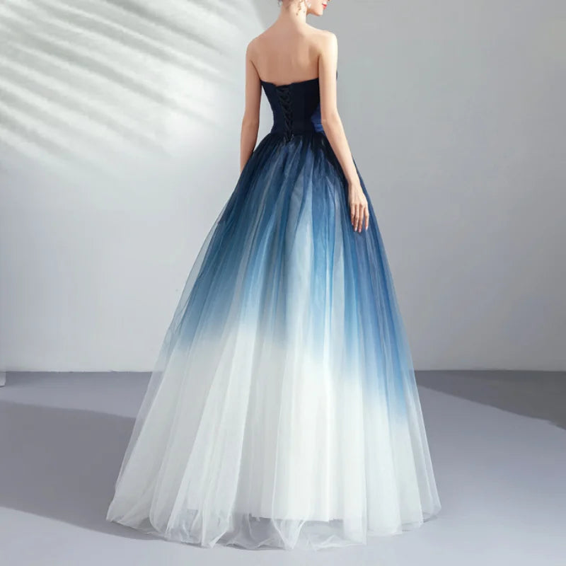 Dream Starry Sky Gradient Blue Wedding Dresses for Women Strapless Elegant Party Dress Summer Back Cross Lace Up Vestidos-payinti