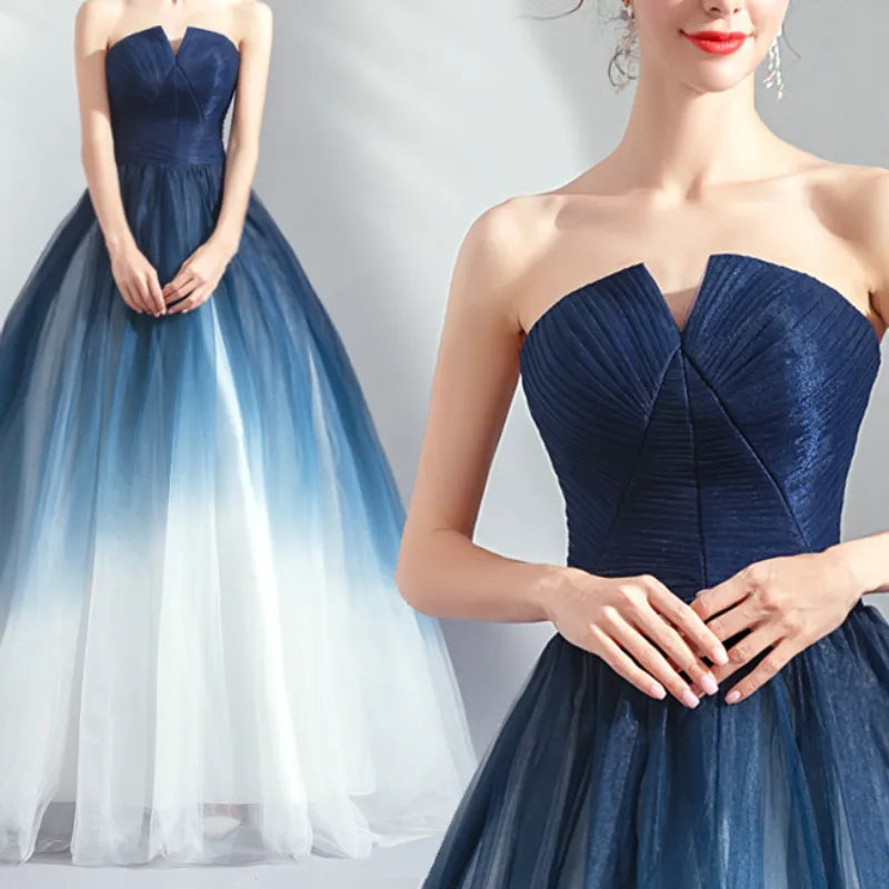 Dream Starry Sky Gradient Blue Wedding Dresses for Women Strapless Elegant Party Dress Summer Back Cross Lace Up Vestidos-payinti