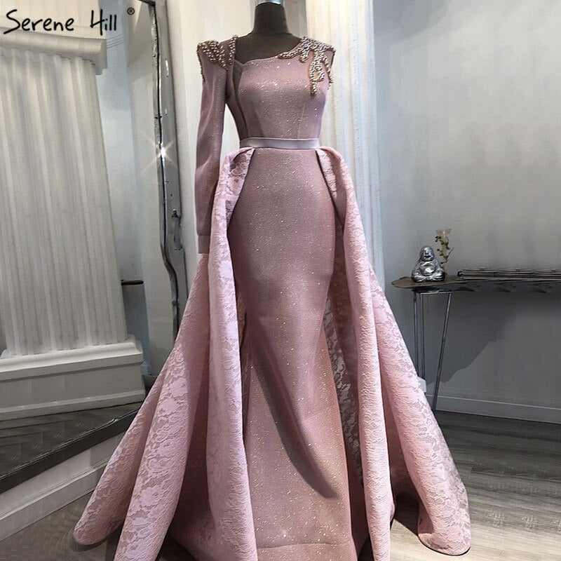 En oferta, sin devolución ni reembolso. Venta Du Bai Design - Vestidos de noche rosas de un solo hombro con perlas vintage, vestidos de sirena sexys 2025. Foto real LA60929.