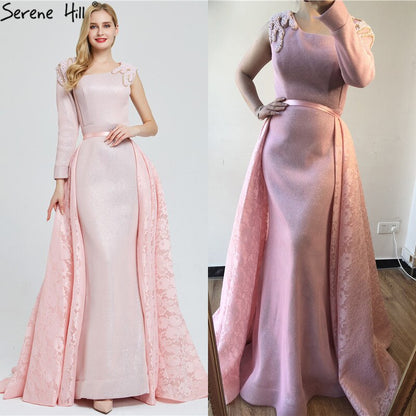 En oferta, sin devolución ni reembolso. Venta Du Bai Design - Vestidos de noche rosas de un solo hombro con perlas vintage, vestidos de sirena sexys 2025. Foto real LA60929.