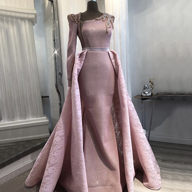 En oferta, sin devolución ni reembolso. Venta Du Bai Design - Vestidos de noche rosas de un solo hombro con perlas vintage, vestidos de sirena sexys 2025. Foto real LA60929.