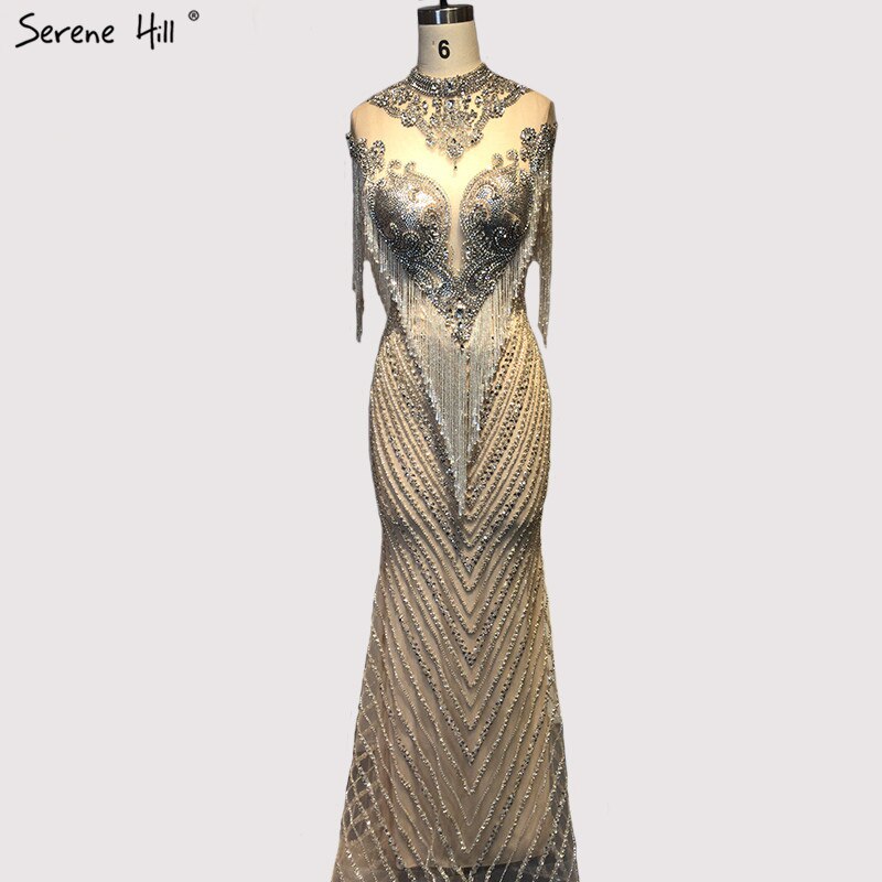 Vestidos de noche de lujo, sexys, con borlas y cuentas de Dubái, color plata, sin mangas, de alta gama, LA60811 