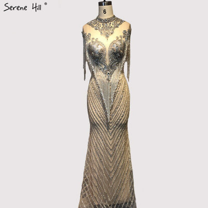 Dubai Beading Tassel Luxury Sexy Evening Dresses 2025 Silver Sleeveless High-end Evening Gowns LA60811