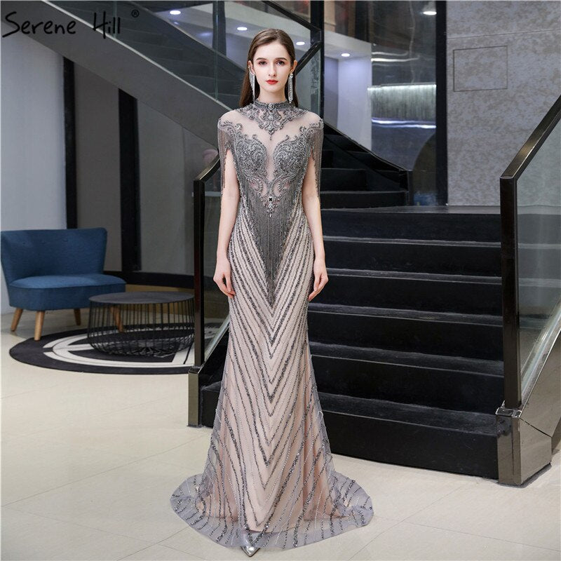 Dubai Beading Tassel Luxury Sexy Evening Dresses 2025 Silver Sleeveless High-end Evening Gowns LA60811