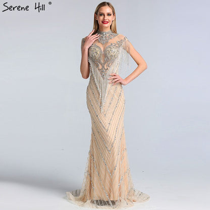Dubai Beading Tassel Luxury Sexy Evening Dresses 2025 Silver Sleeveless High-end Evening Gowns LA60811