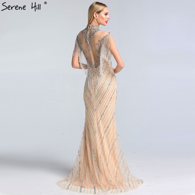 Vestidos de noche de lujo, sexys, con borlas y cuentas de Dubái, color plata, sin mangas, de alta gama, LA60811 