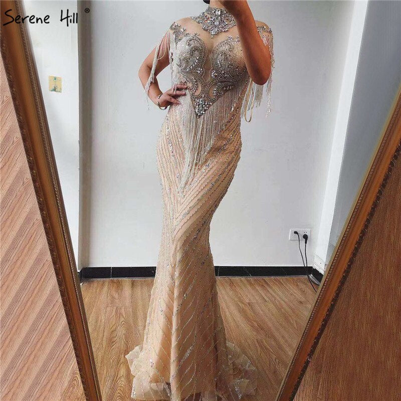 Dubai Beading Tassel Luxury Sexy Evening Dresses 2025 Silver Sleeveless High-end Evening Gowns LA60811
