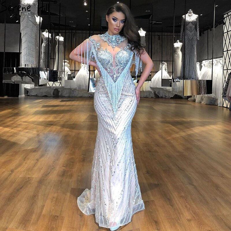 Vestidos de noche de lujo, sexys, con borlas y cuentas de Dubái, color plata, sin mangas, de alta gama, LA60811 