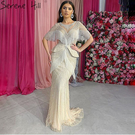 Dubai Beige Quaste Perlen Meerjungfrau Abendkleider Design 2025 Halbarm Luxus Sexy Formale Kleid LA70342 