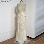 Vestido de noche estilo sirena con borlas y cuentas en color beige de Dubái, diseño 2025, de media manga, de lujo, sexy, formal, LA70342 