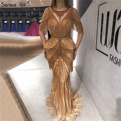 Dubai Beige Quaste Perlen Meerjungfrau Abendkleider Design 2025 Halbarm Luxus Sexy Formale Kleid LA70342 