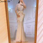Vestido de noche estilo sirena con borlas y cuentas en color beige de Dubái, diseño 2025, de media manga, de lujo, sexy, formal, LA70342 