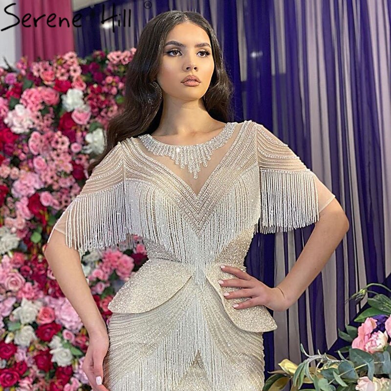 Vestido de noche estilo sirena con borlas y cuentas en color beige de Dubái, diseño 2025, de media manga, de lujo, sexy, formal, LA70342 