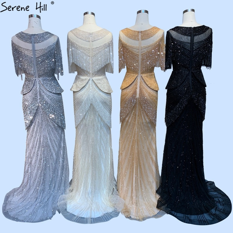 Vestido de noche estilo sirena con borlas y cuentas en color beige de Dubái, diseño 2025, de media manga, de lujo, sexy, formal, LA70342 