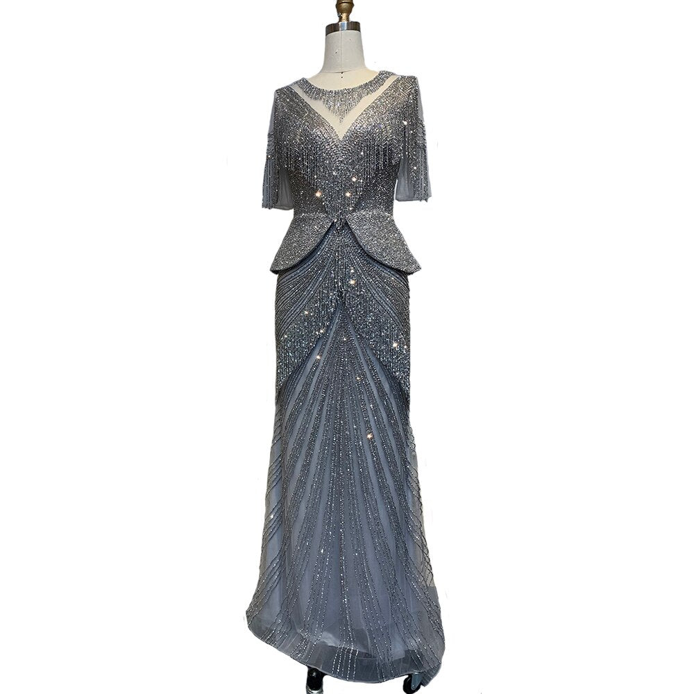 Vestido de noche estilo sirena con borlas y cuentas en color beige de Dubái, diseño 2025, de media manga, de lujo, sexy, formal, LA70342 