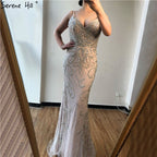 Vestido de noche de lujo, sexy, negro, con escote en V, estilo sirena, sin mangas, con cuentas de diamantes, foto real LA70175