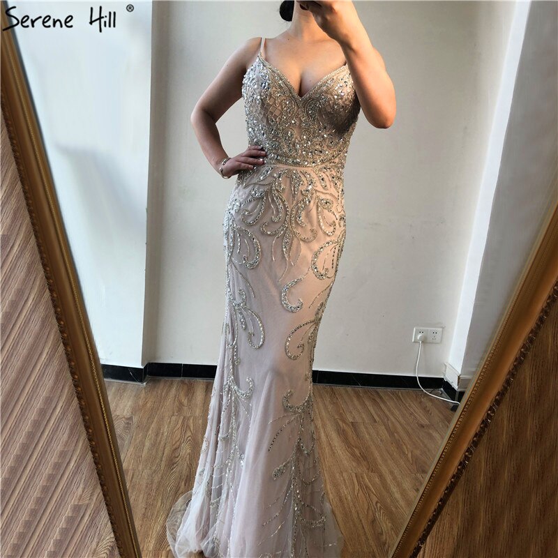 Vestido de noche de lujo, sexy, negro, con escote en V, estilo sirena, sin mangas, con cuentas de diamantes, foto real LA70175