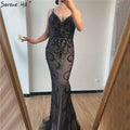 Vestido de noche de lujo, sexy, negro, con escote en V, estilo sirena, sin mangas, con cuentas de diamantes, foto real LA70175