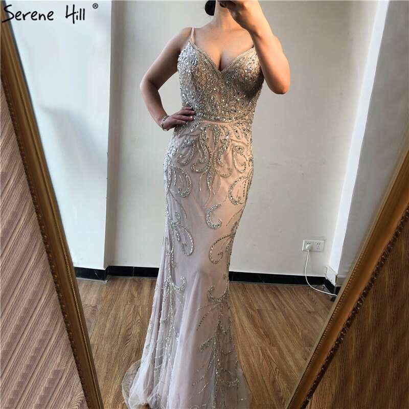 Vestido de noche de lujo, sexy, negro, con escote en V, estilo sirena, sin mangas, con cuentas de diamantes, foto real LA70175