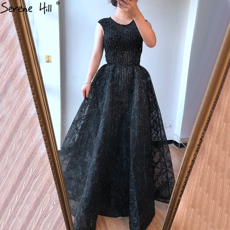 Vestido de noche azul de Dubái, corte A, lujoso, con cuentas, escote redondo y cristales, sexy, formal, largo, LA70552 