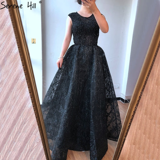 Dubai Blau A-linie Luxus Perlen Abendkleider 2025 Oansatz Kristall Sexy Formale Kleid Lange LA70552 