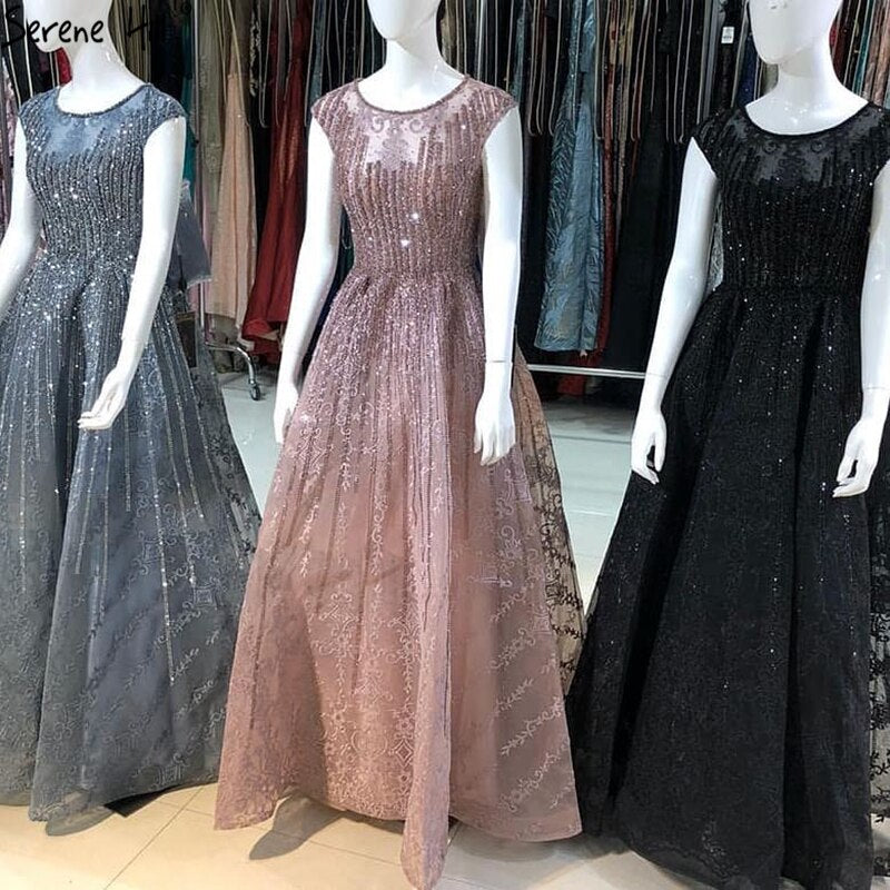 Vestido de noche azul de Dubái, corte A, lujoso, con cuentas, escote redondo y cristales, sexy, formal, largo, LA70552 