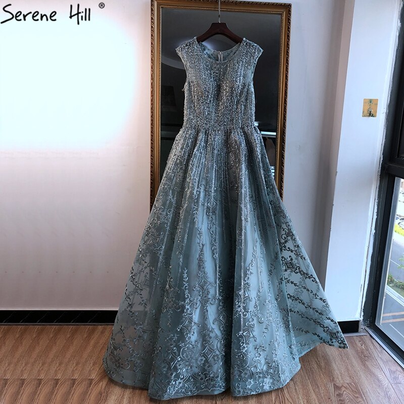 Vestido de noche azul de Dubái, corte A, lujoso, con cuentas, escote redondo y cristales, sexy, formal, largo, LA70552 