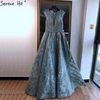 Vestido de noche azul de Dubái, corte A, lujoso, con cuentas, escote redondo y cristales, sexy, formal, largo, LA70552 