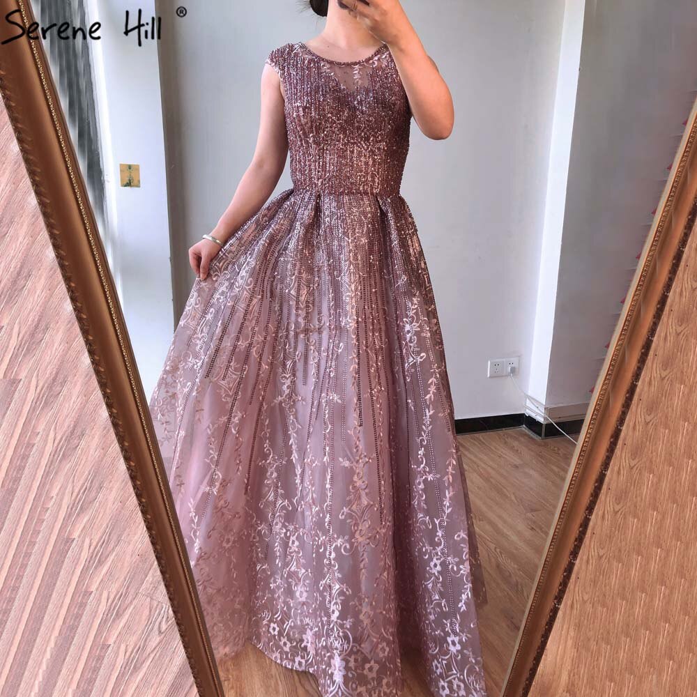 Vestido de noche azul de Dubái, corte A, lujoso, con cuentas, escote redondo y cristales, sexy, formal, largo, LA70552 