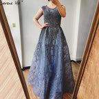 Vestido de noche azul de Dubái, corte A, lujoso, con cuentas, escote redondo y cristales, sexy, formal, largo, LA70552 