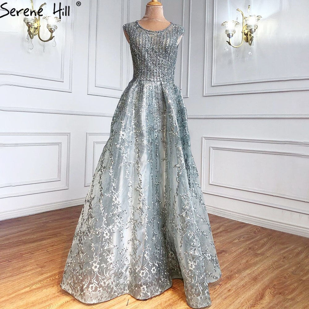 Vestido de noche azul de Dubái, corte A, lujoso, con cuentas, escote redondo y cristales, sexy, formal, largo, LA70552 