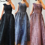Vestido de noche azul de Dubái, corte A, lujoso, con cuentas, escote redondo y cristales, sexy, formal, largo, LA70552 